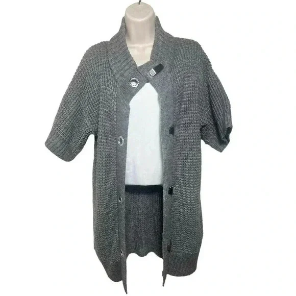 Womens Michael Kors Gray Metal Toggle Cardigan Sweater Wool Blend Size M EUC - Picture 3 of 13
